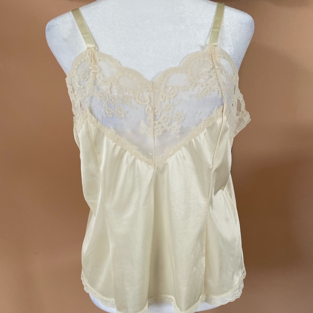 Pretty Floral Lace-Trim Satin Cream Chemise Camisole Adjustable Straps M/L